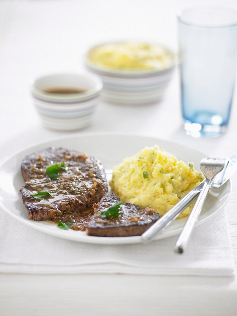 Gluten-free Mustard Steak with Soft Parsley Polenta