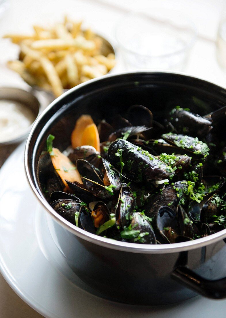 Muscheln mit Kräutern, Möhren und Pommes frites