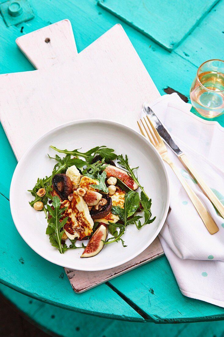 Grilled Haloumi with figs, hazelnuts, mushrooms, basil and rocket