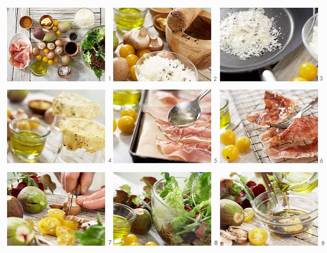Salate mit Feige, knusprigem Honig-Parma und Parmesanhippe zubereiten