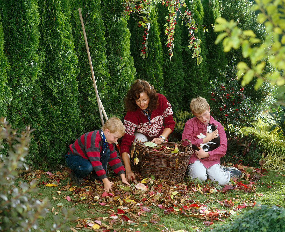 Woman with two boys and cat