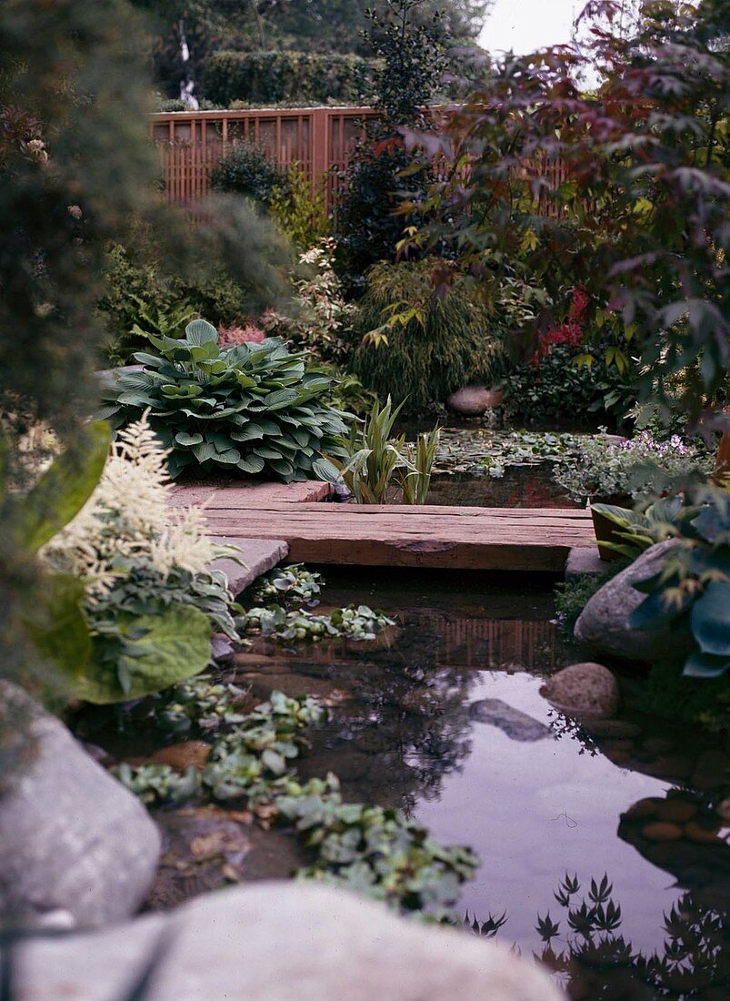 Garden pond with footbridge