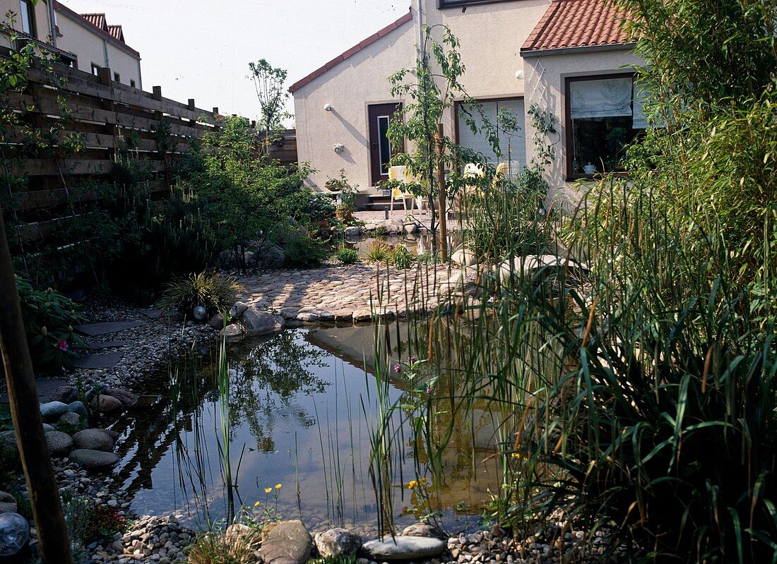 Garden view with terrace and pond