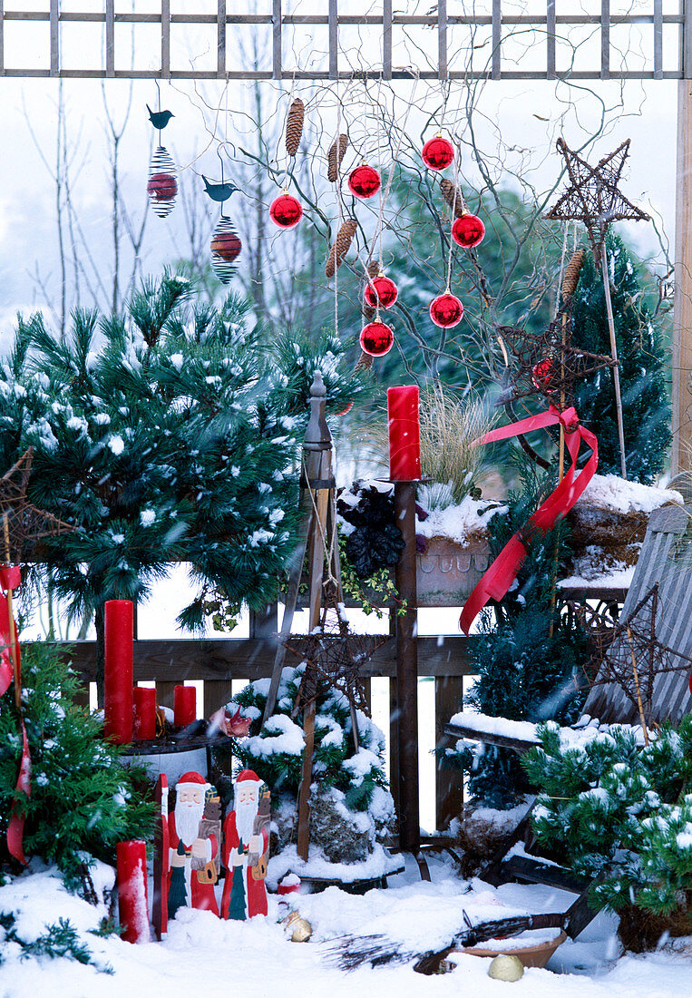 Balcony decorated for Christmas with snow