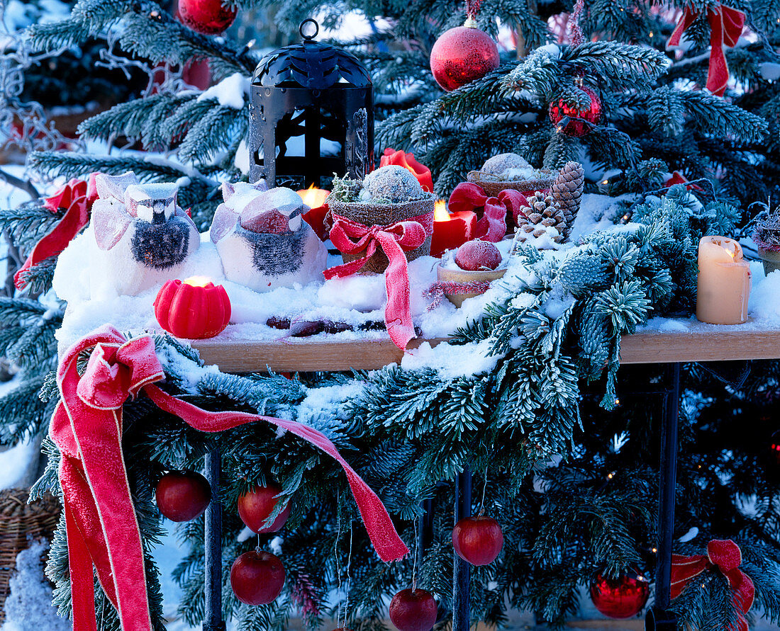 Advently decorated table on the terrace with hoarfrost and snow