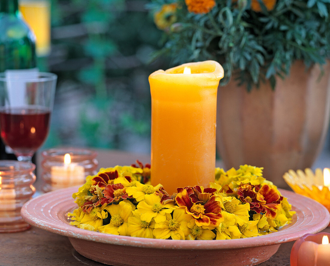 Tagetes patula (marigold) summer wreath