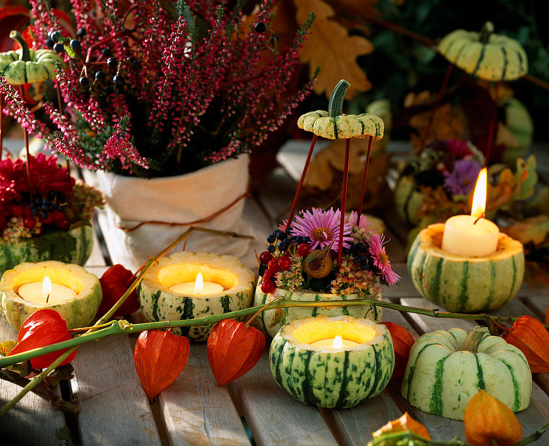 Table decoration, hollowed out decorative pumpkins as vase and tea lights, Calluna vulggaris (broom heather)