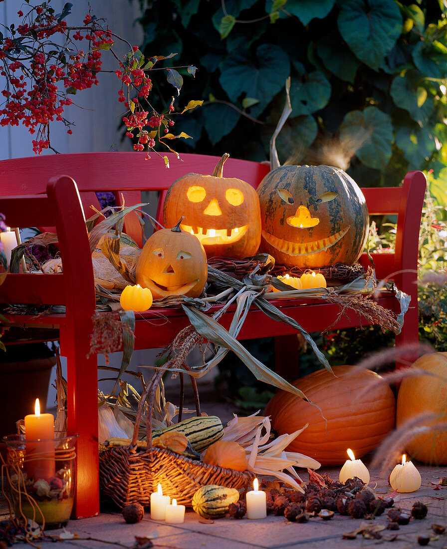 Halloween, pumpkin faces arranged on a bench