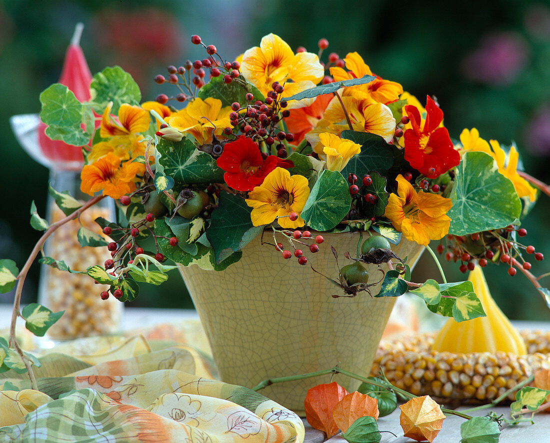 Bouquet with Tropaeolum (Nasturtium), Rosehip (Rose)