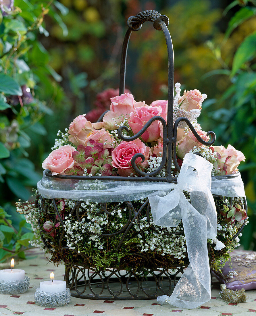 Iron basket filled with moss Gypsophila (baby's breath)