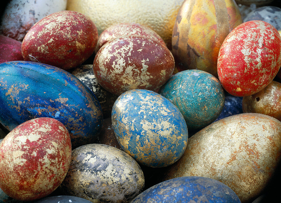 Easter eggs: duck and chicken eggs with gold leaf