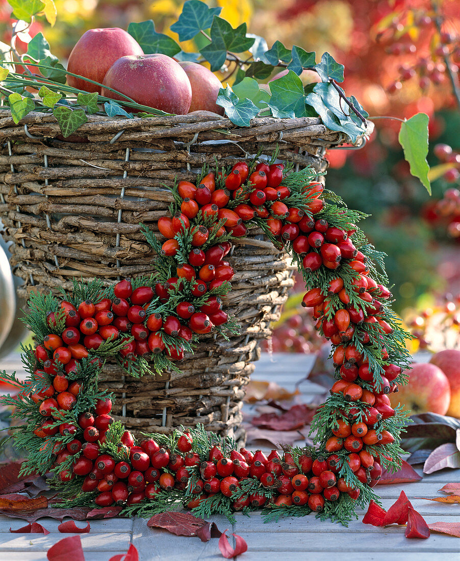 Heart shaped wreath of pink (rosehips) and thuja branches