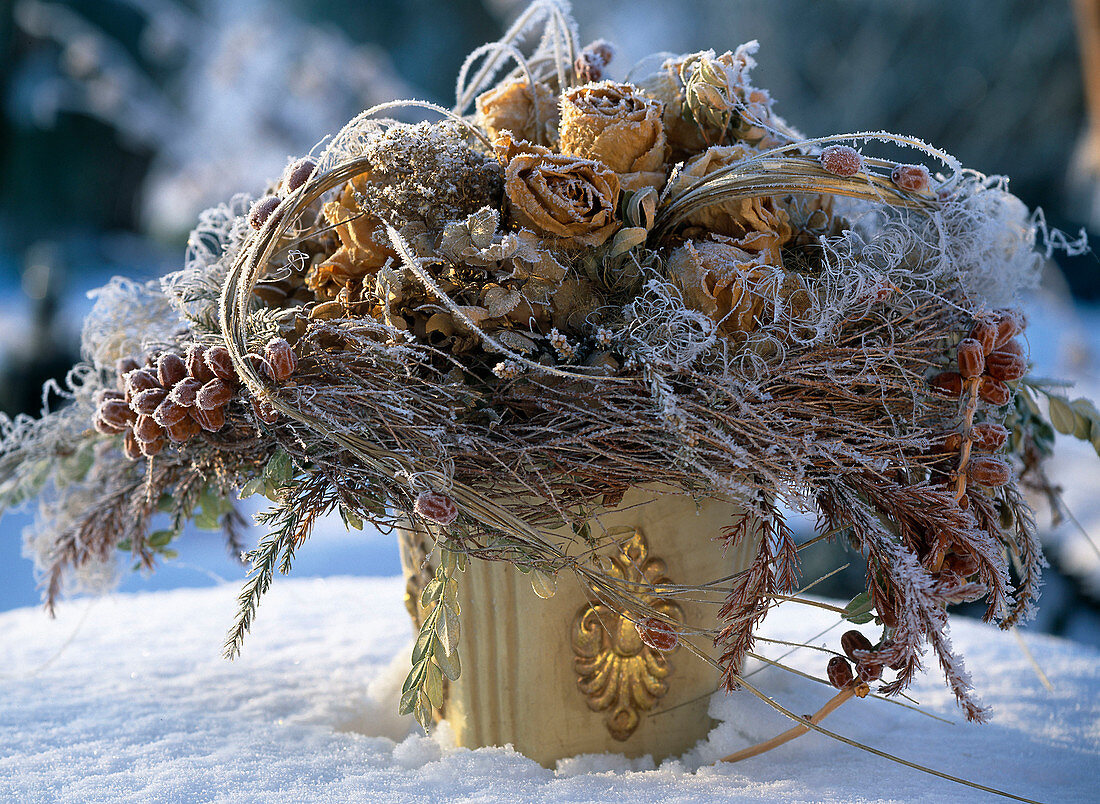 Bouquet with hoarfrost, rose blossoms, date twigs, grasses, clematis vines