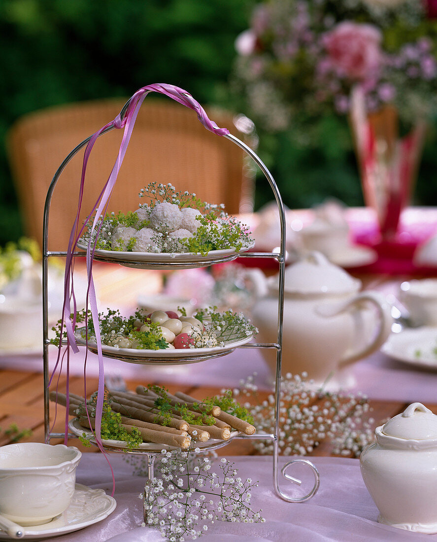 Etagere with treats and Gypsophila (baby's breath)