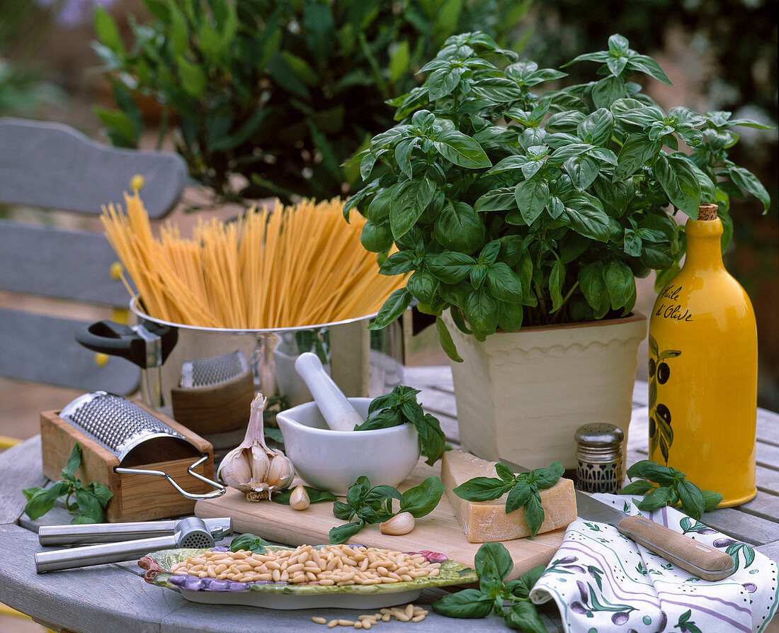 Spaghetti with basil pesto