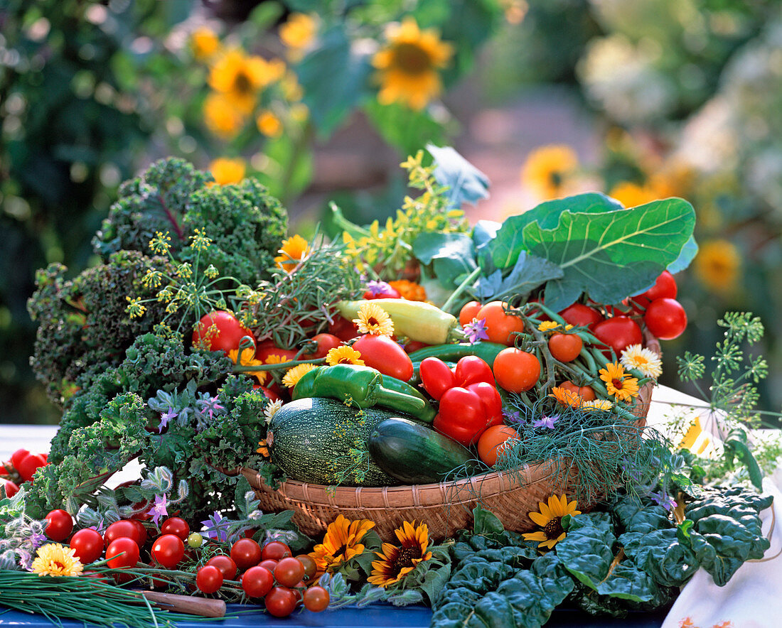 Basket with harvested vegetables