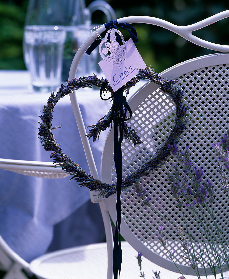 Wire heart wrapped with lavandula (lavender flowers) with name tag