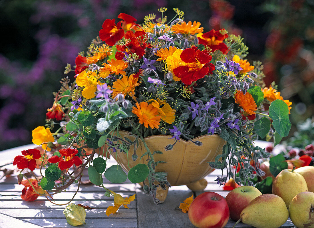 Bowl with bouquet, calendula (marigold), dill, borago