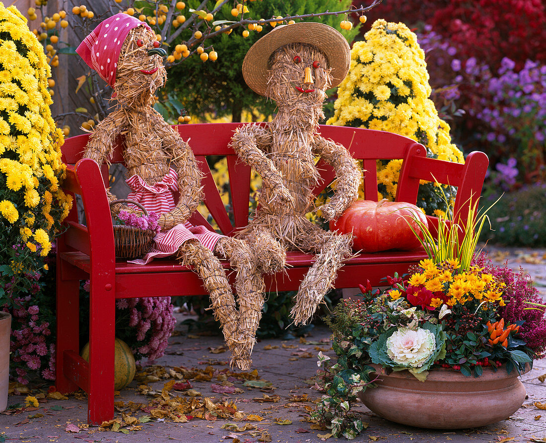 Straw figures: Chrysanthemum, Brassica (ornamental cabbage), Hedera (ivy), Capsicum (ornamental pepper)