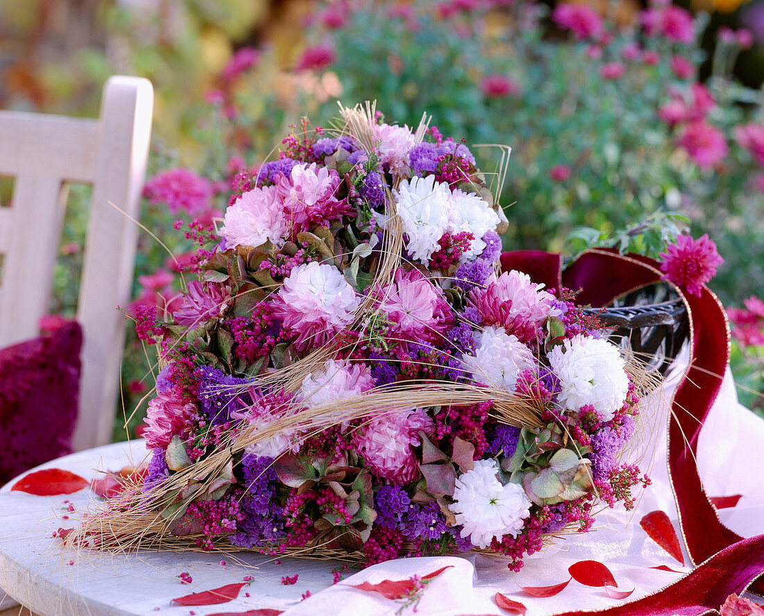 Autumn wreath made of autumn chrysanthemums (Chrysanthemum)