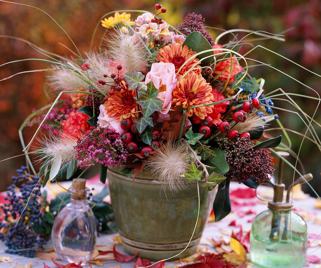 Chrysanthemum, Rosa / Rose und Hagebutten, Skimmia, Erica