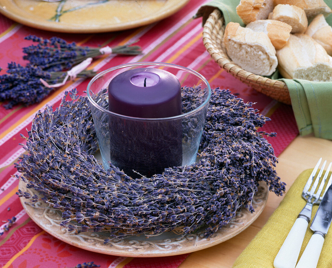 Lavandula (lavender), wreath with lantern