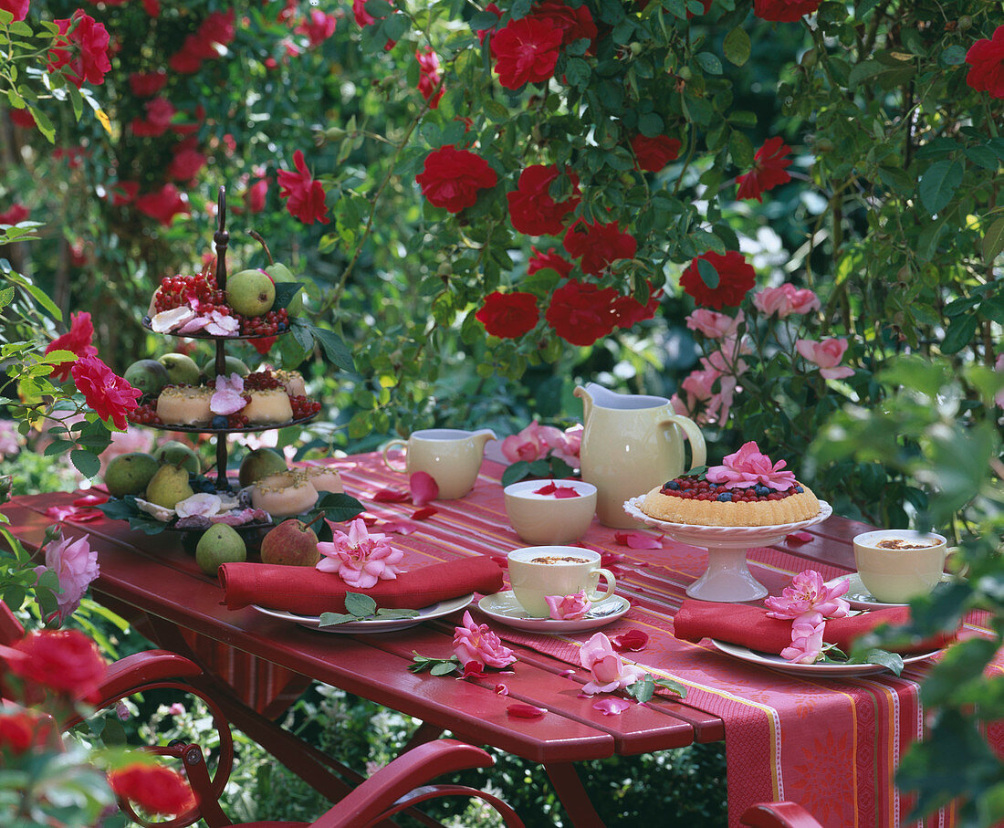 Coffee table with fruit cake, cake stand with biscuits