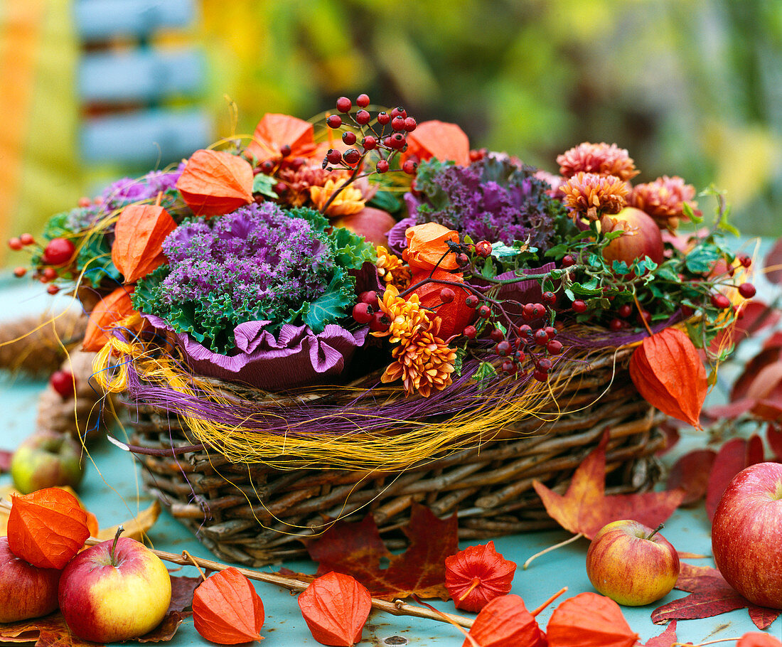 Brassica (Zierkohl), Physalis (Lampions), Rosa (Hagebutten), Malus (Äpfel), Chrysanthemum (Chrysanthemen)