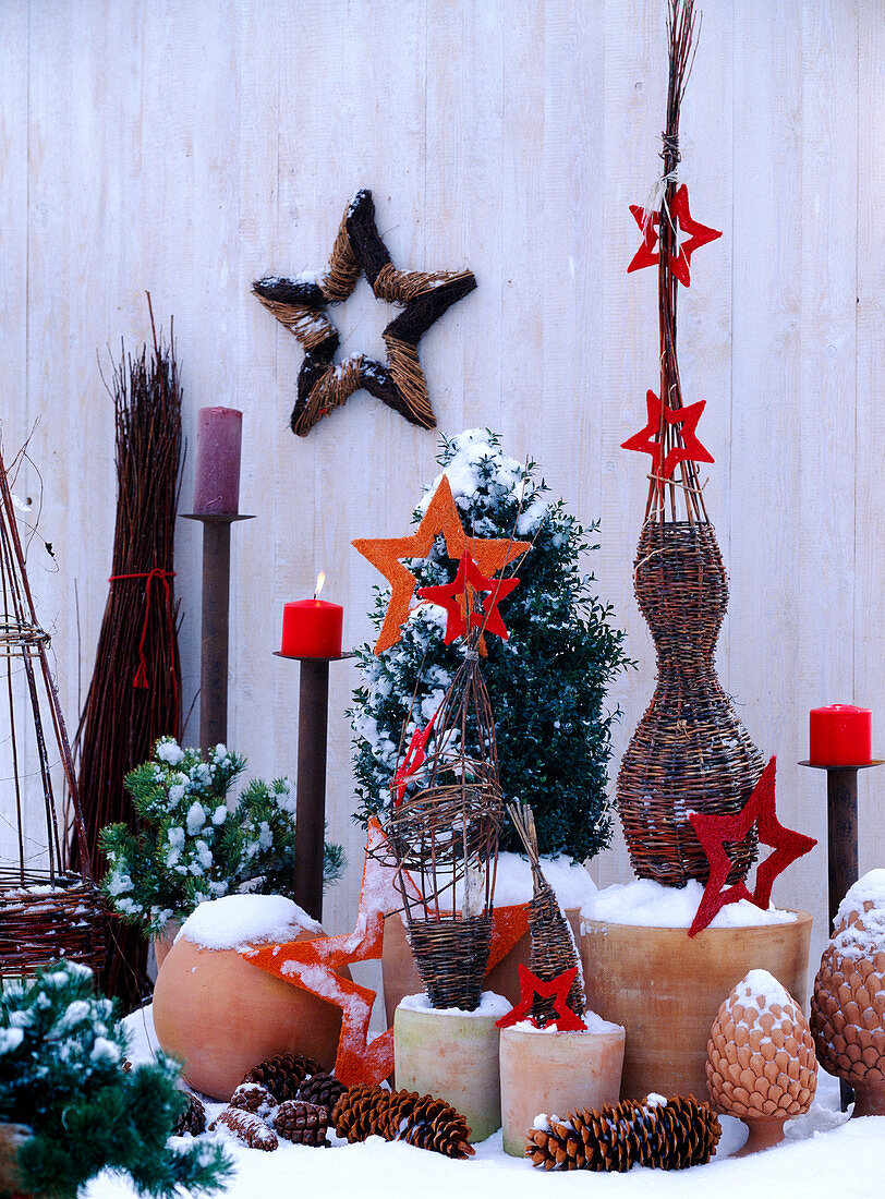 Buxus (beech pyramids), Pinus (pines) and cones, willow object, sisal stars