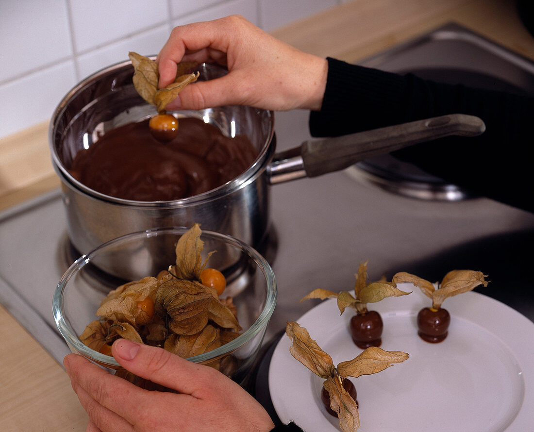 Physalis in chocolate (1/2). Physalis (Andean berries) in melted chocolate