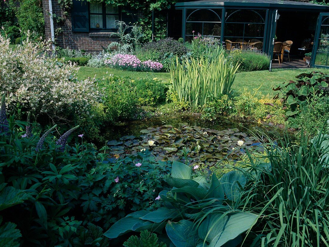 Small planted pond in front of open winter garden with wicker furniture