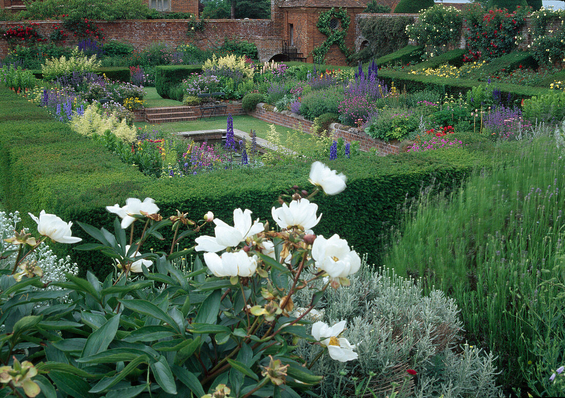 View of sunken garden: perennial beds bordered by hedges of Taxus (yew), walls and steps of clinker brick, brick water basin at lowest point