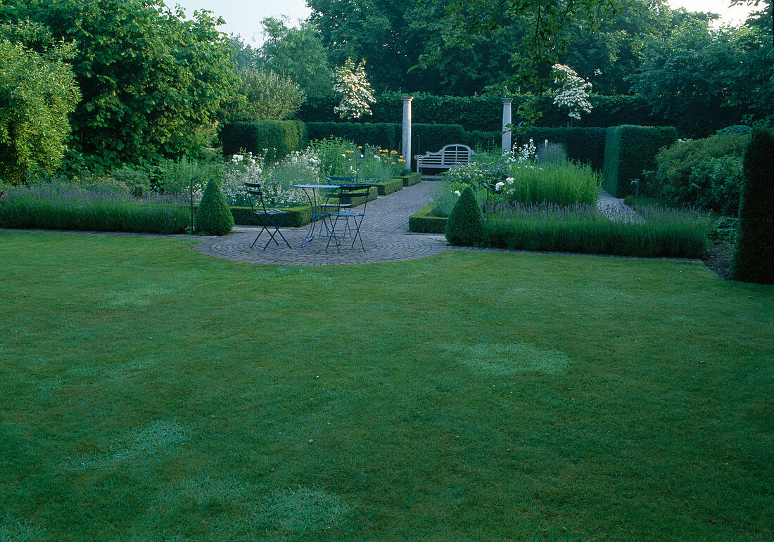 View across the lawn to the hedged beds of Buxus (boxwood) with perennials, Lavandula (lavender) and Rosa (roses), paths with clinker bricks, round terrace with blue chairs and table, bench between columns.