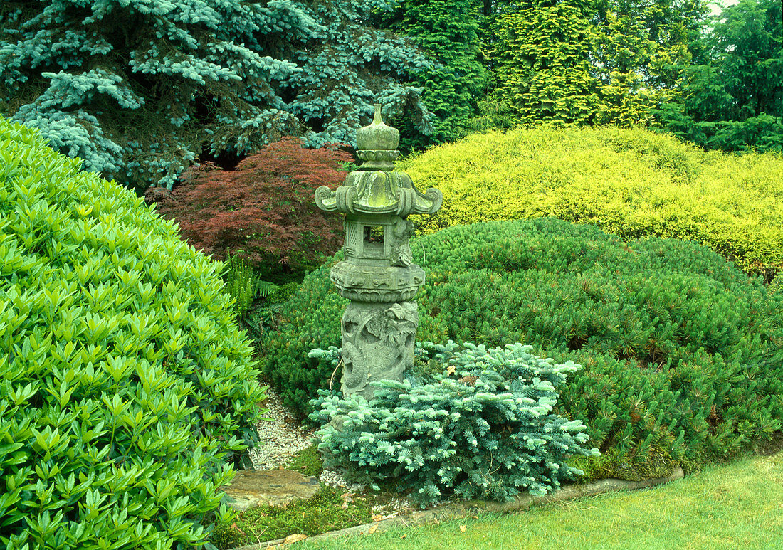 Japanese stone lantern in herbaceous border in front of trees