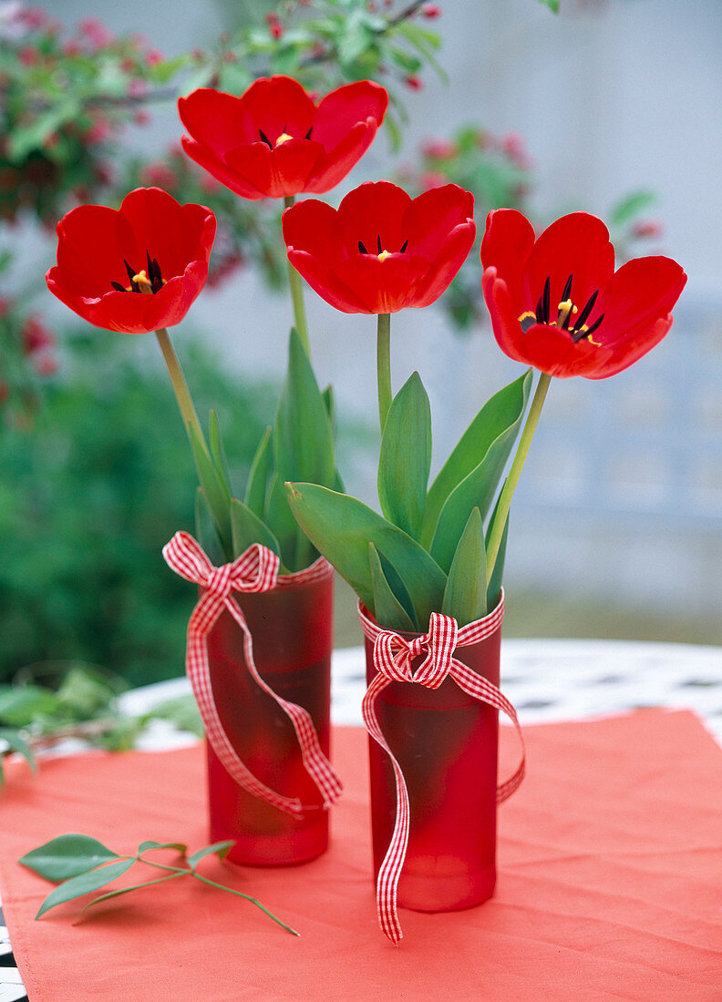 Rote Tulpen in roten Gläsern