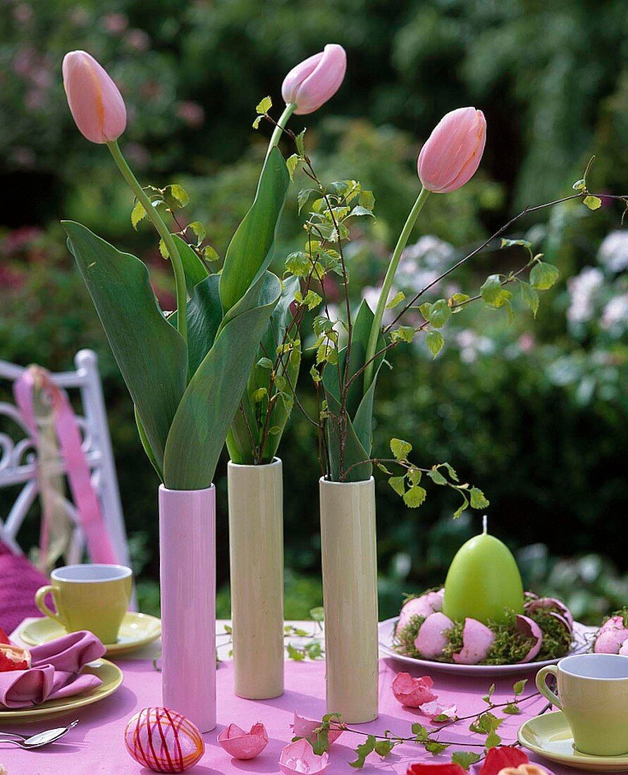 Schlanke Vasen mit Tulpen und Birkenzweigen als Tischdeko