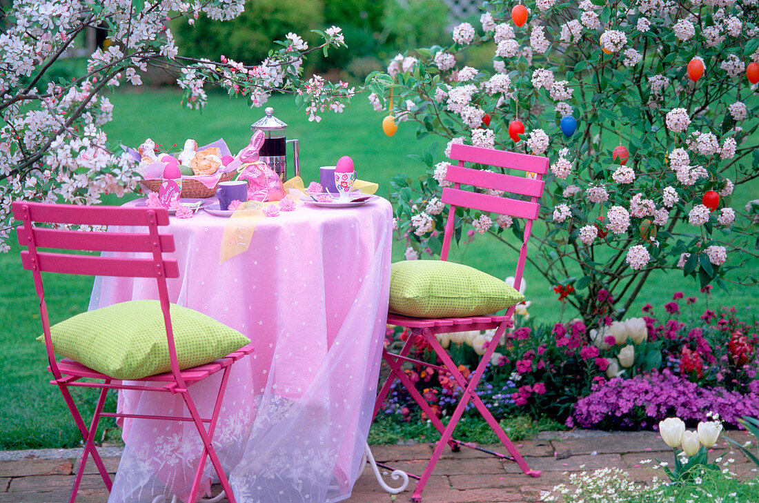 Easter breakfast, set table, chairs