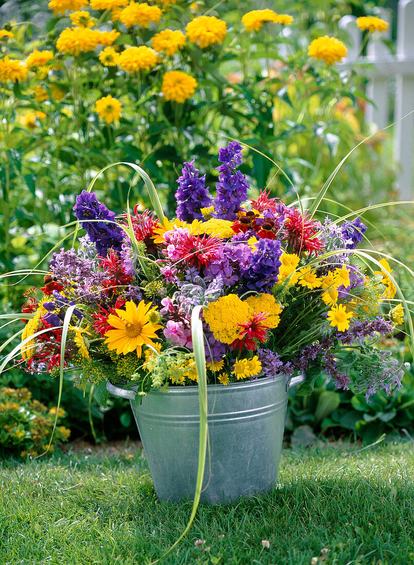 Zink bucket with Delphinium (Larkspur)