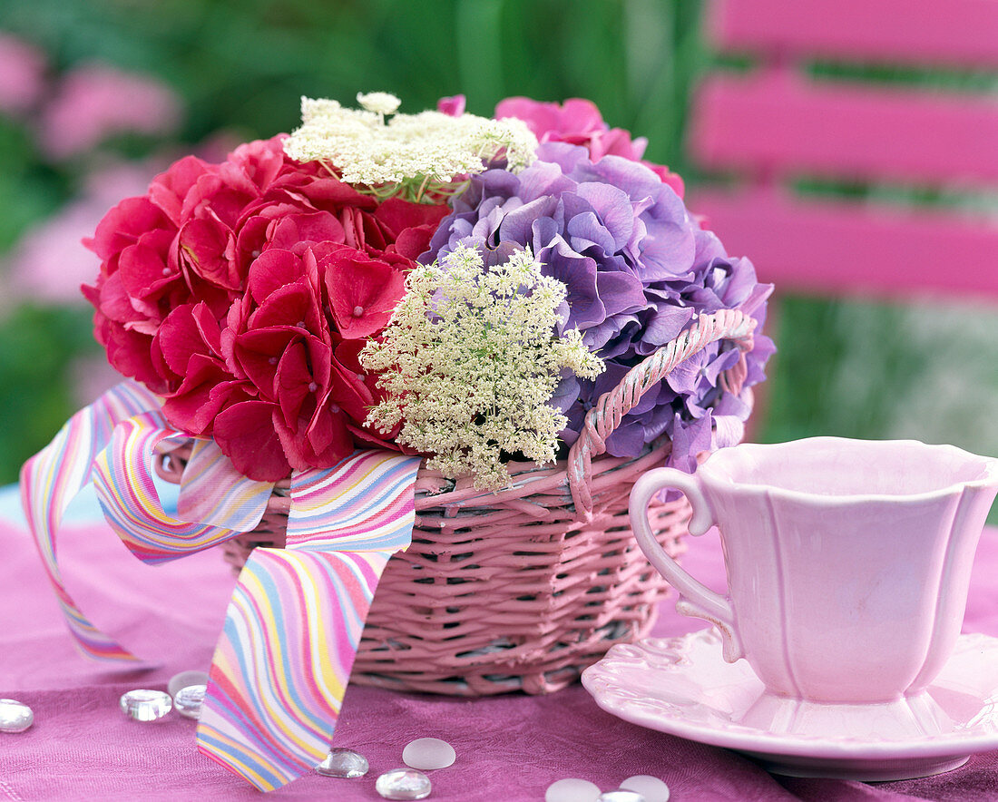 Rosa Körbchen mit Hydrangea (Hortensie)