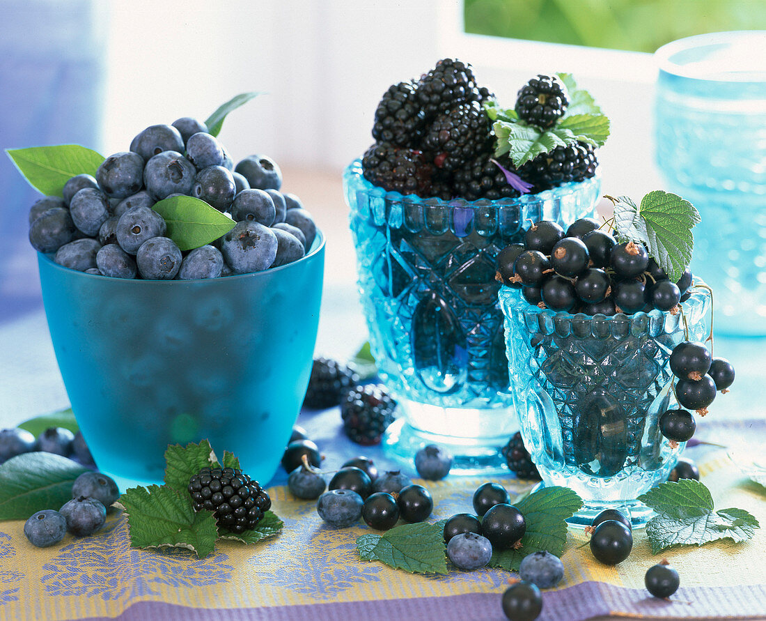 Blue glass goblet with vaccinium (blueberry)