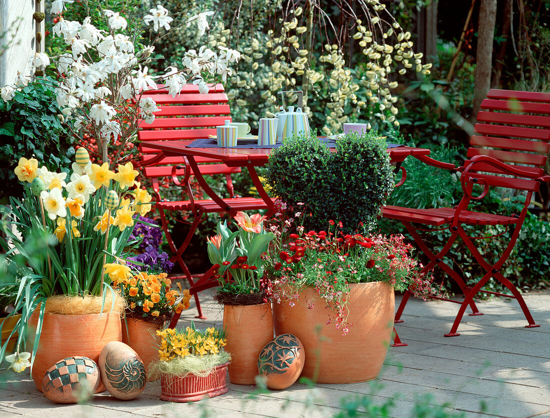 Red group of seats in spring