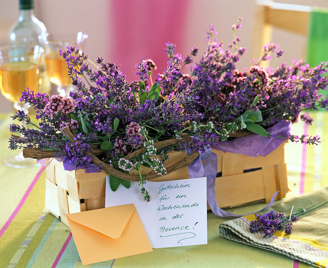 Spank basket with Lavandula (lavender), Origanum (Oregano)