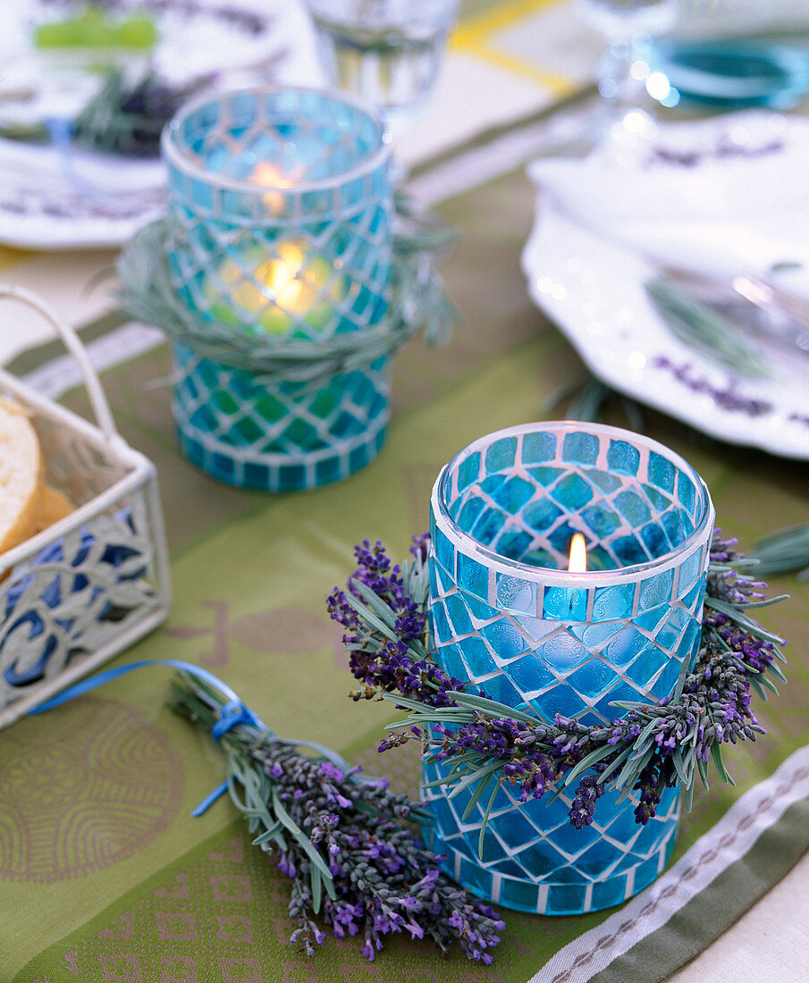 Blue mosaic lanterns with Lavandula (lavender)