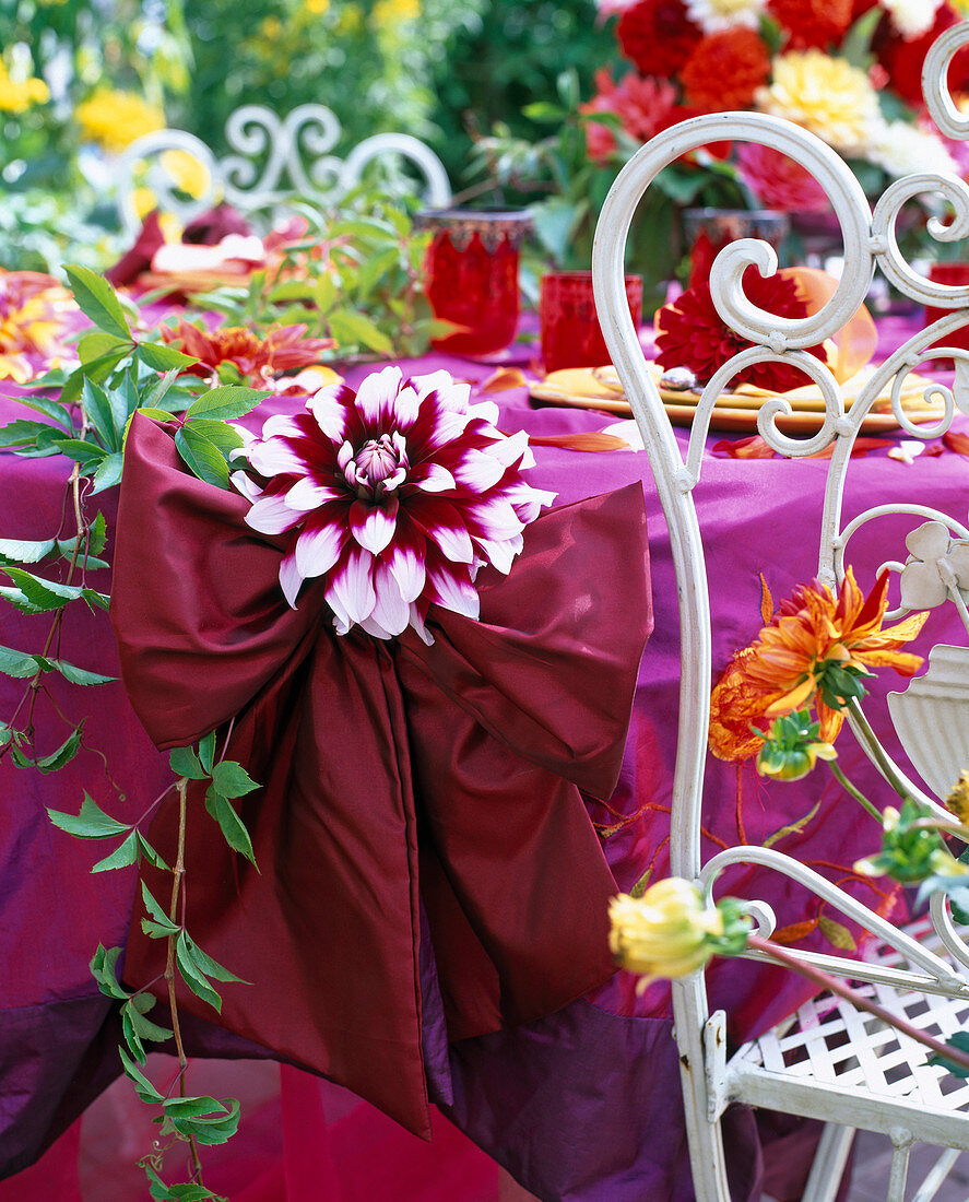 Festive dahlia table decoration on the terrace