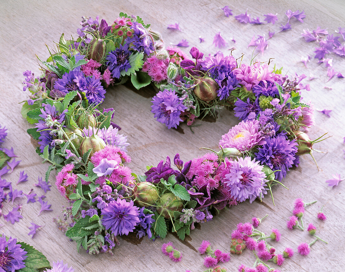 Heart of blue and pink flowers