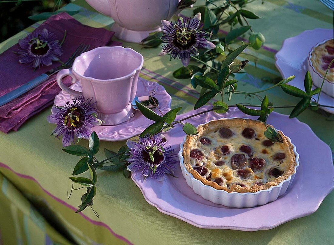 Grape tart with tendril of passion flower