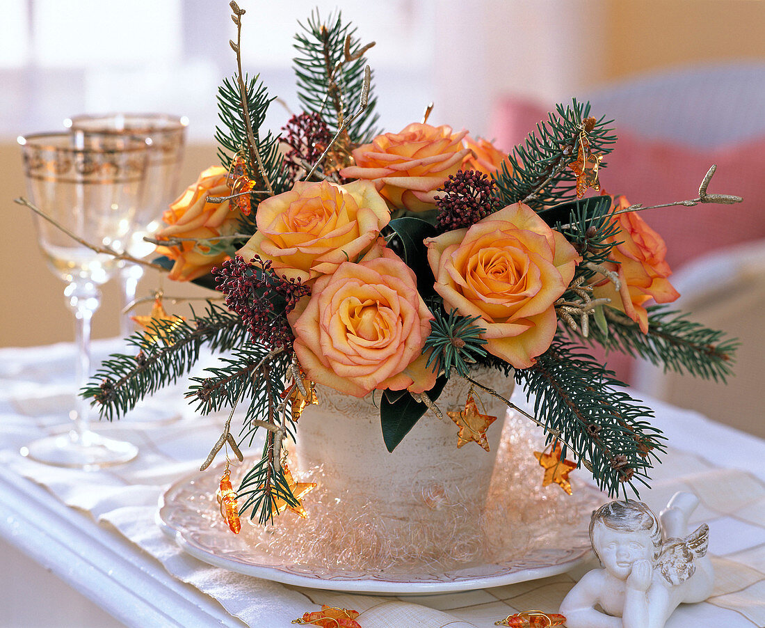 Bouquet of Rosa (rose, orange), Picea (spruce), Betula (birch twigs)