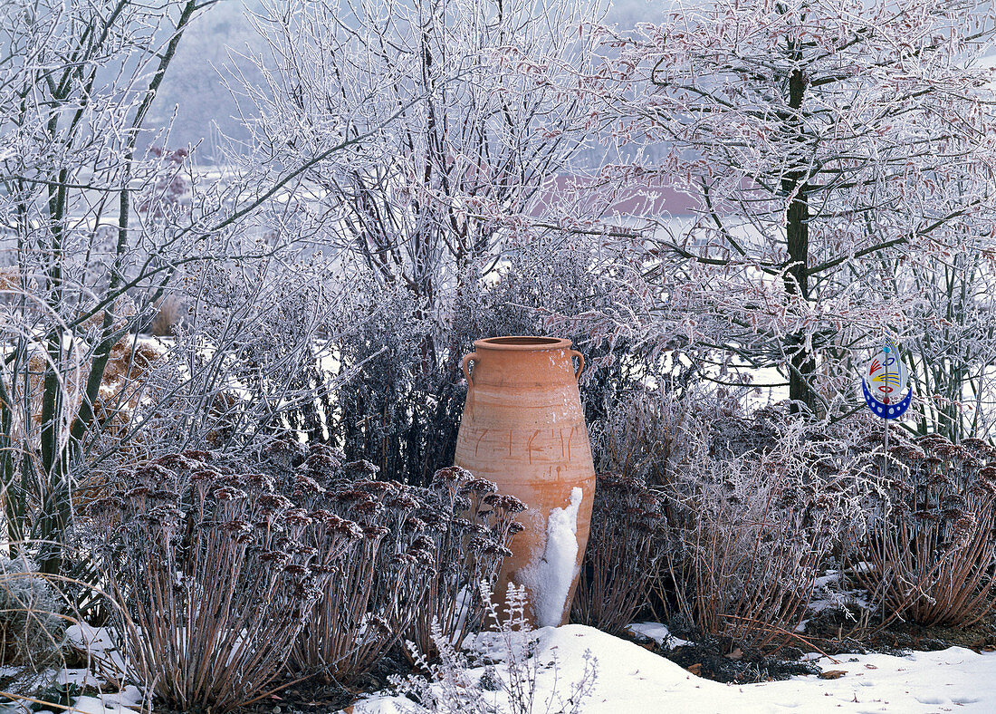 Beet mit Sedum (Fetthenne) und Amphore im Rauhreif und Schnee