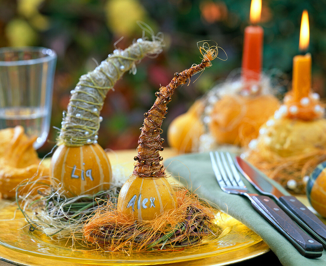 Plate decoration with decorative pumpkins as place cards