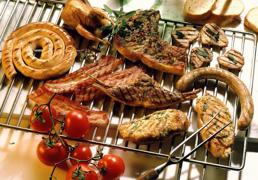 Assorted Grilled Steak and Chicken; Bratwurst and Bacon